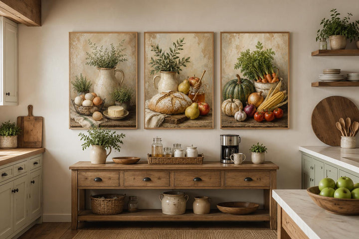 Farmhouse Kitchen Wall Art - Rustic Bread & Vegetables Still Life Canvas Set