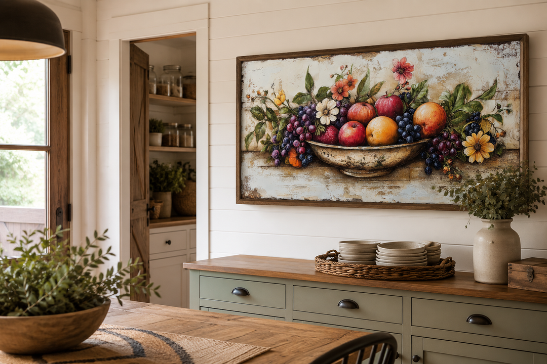 Rustic fruit bowl painting on wood canvas print in a farmhouse kitchen above a green sideboard.