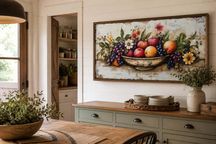 Rustic fruit bowl painting on wood canvas print in a farmhouse kitchen above a green sideboard.
