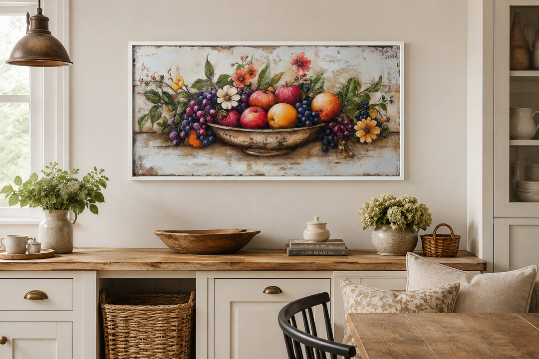 Rustic fruit bowl painting on wood canvas print in a farmhouse kitchen setting.