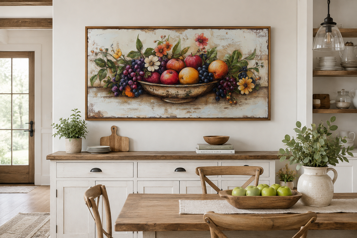 Rustic fruit bowl painting on wood canvas print, framed farmhouse kitchen wall art.
