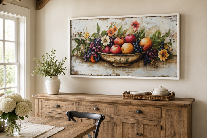 Framed farmhouse kitchen wall art featuring a rustic fruit bowl painting on a wood canvas print.