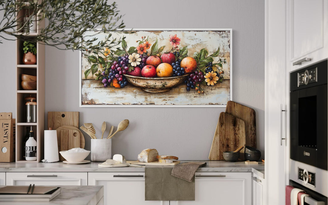 Rustic fruit bowl painting on wood canvas print in a farmhouse kitchen setting.