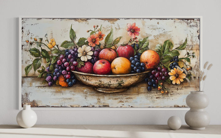 Rustic fruit bowl painting on wood canvas print with apples, grapes, and flowers in a farmhouse style