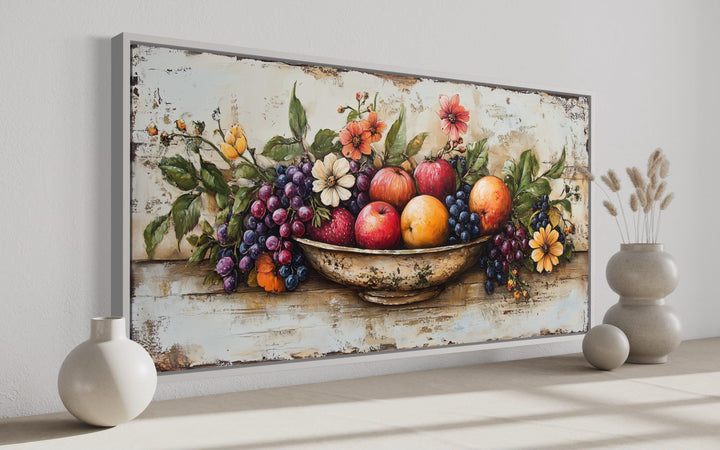 Rustic fruit bowl painting on wood canvas print in a farmhouse kitchen setting.