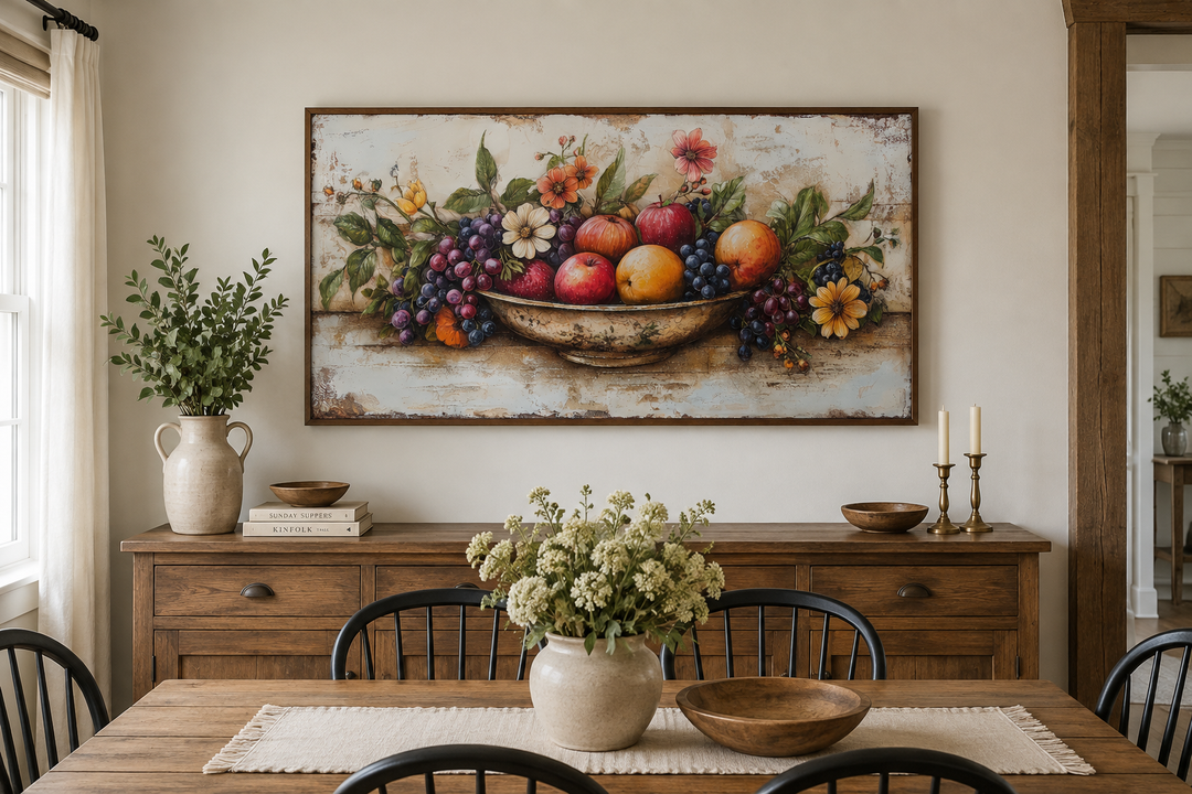 Rustic fruit bowl painting on wood canvas print in a farmhouse dining room setting.