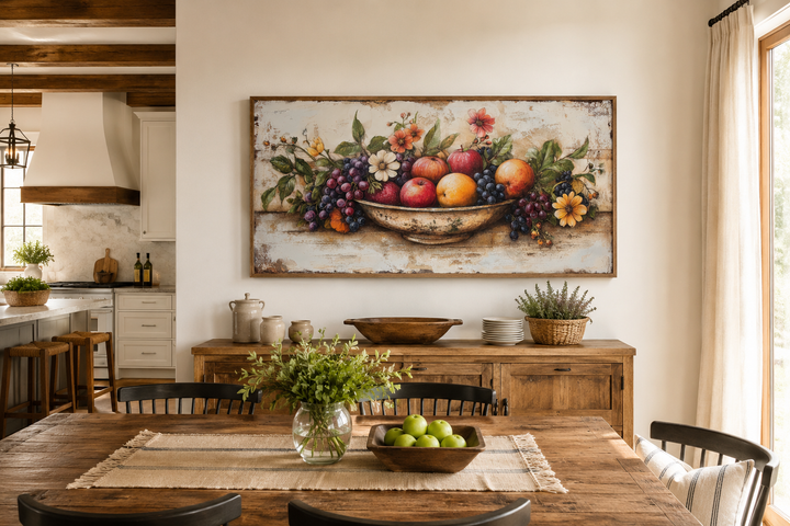 Rustic fruit bowl painting on wood canvas print in a farmhouse dining room above a wooden buffet.
