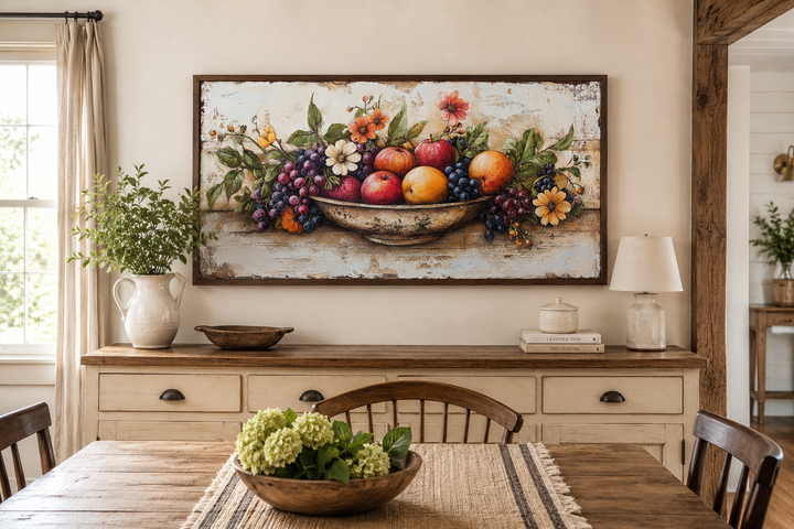 Rustic fruit bowl painting on wood canvas print hanging above a sideboard in a farmhouse dining room