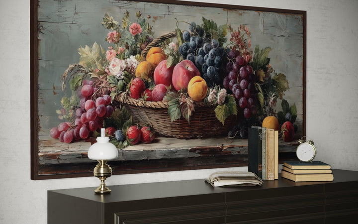 Farmhouse Kitchen Wall Art – Rustic Fruit Still Life Canvas With Grapes, Peaches & Apples Print
