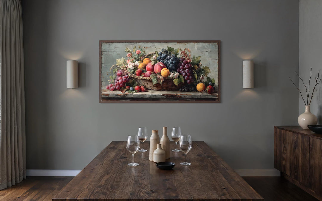 Farmhouse Kitchen Wall Art – Rustic Fruit Still Life Canvas With Grapes, Peaches & Apples Print