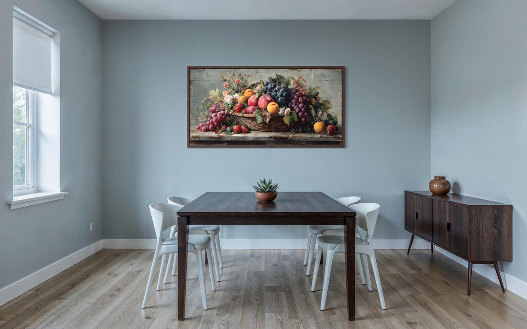 Farmhouse Kitchen Wall Art – Rustic Fruit Still Life Canvas With Grapes, Peaches & Apples Print