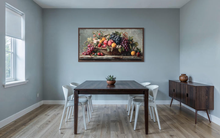 Farmhouse Kitchen Wall Art – Rustic Fruit Still Life Canvas With Grapes, Peaches & Apples Print