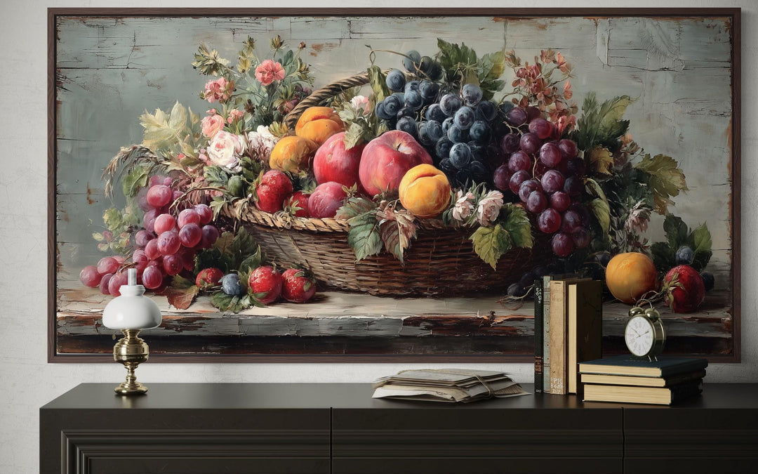 Farmhouse Kitchen Wall Art – Rustic Fruit Still Life Canvas With Grapes, Peaches & Apples Print