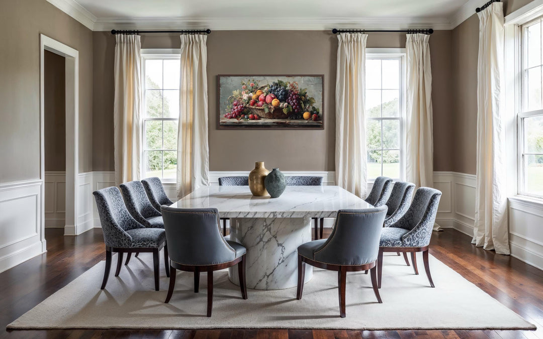 Farmhouse Kitchen Wall Art – Rustic Fruit Still Life Canvas With Grapes, Peaches & Apples Print