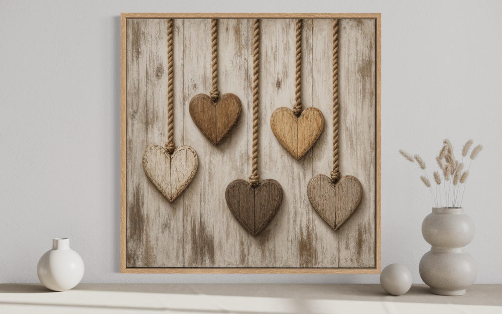Rustic heart canvas wall art featuring five wooden hearts hanging against whitewashed wood planks.