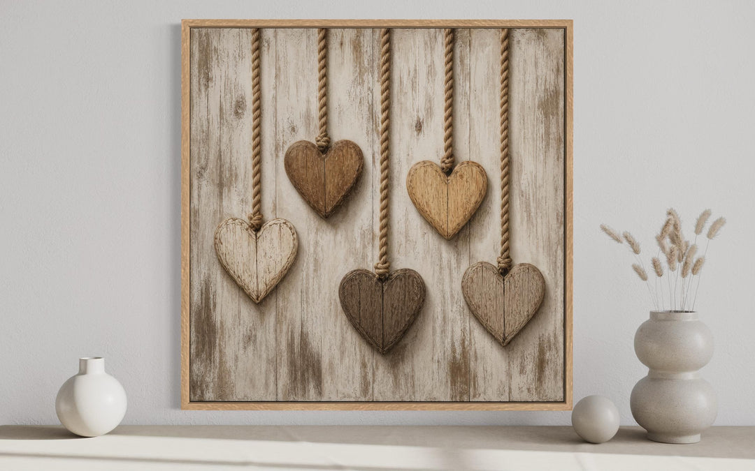 Rustic heart canvas wall art featuring five wooden hearts hanging against whitewashed wood planks.