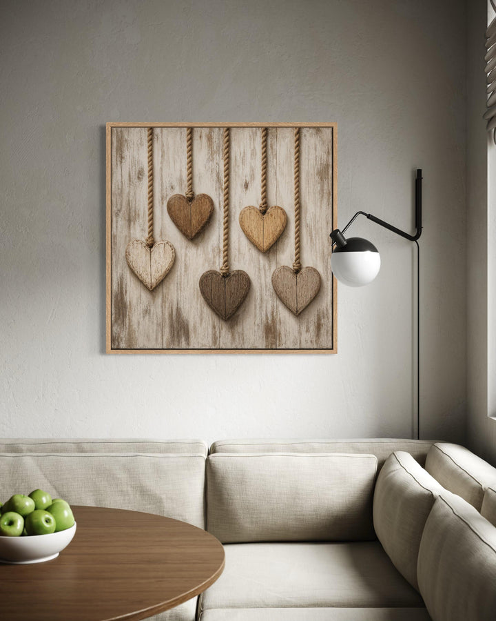 Rustic heart canvas art featuring five wooden hearts hanging against a whitewashed wood background.