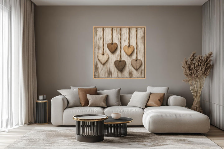 Rustic heart canvas wall art featuring five wooden hearts hanging against whitewashed wood.