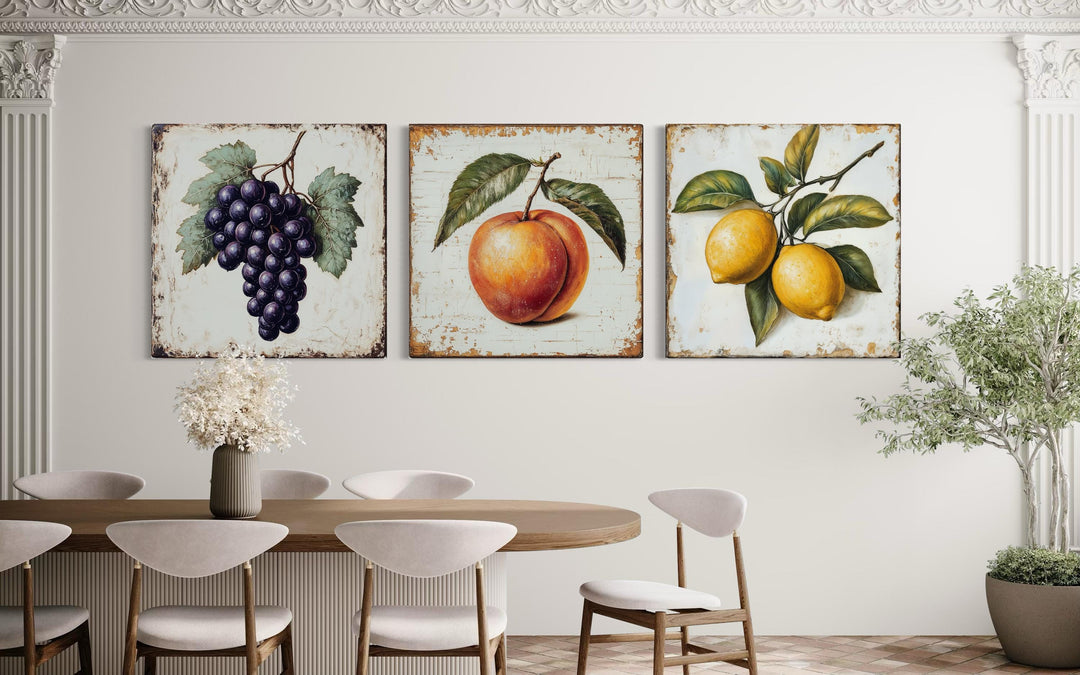 Set of three vintage botanical canvas prints featuring grapes, a peach, and lemons on a white wall.