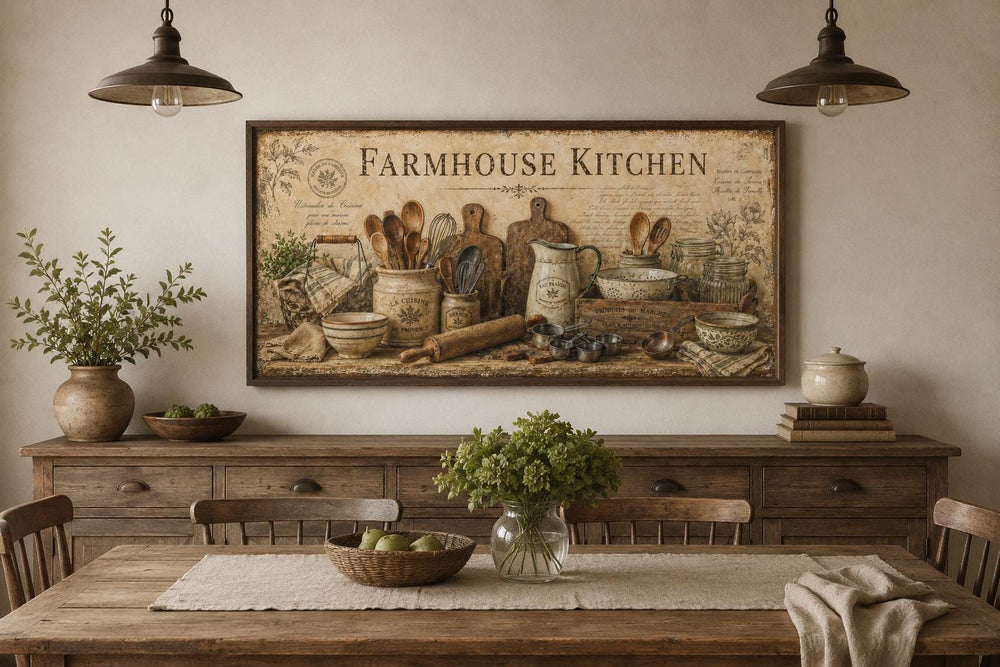 Vintage Farmhouse Kitchen canvas print featuring rustic kitchenware illustrations on a buffet wall.