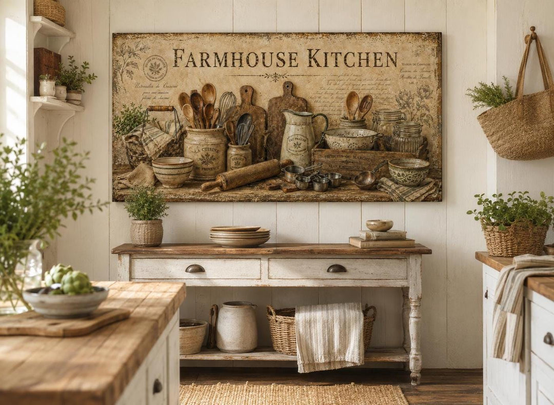 Farmhouse Kitchen wall art canvas print with vintage kitchen utensils above a rustic sideboard.
