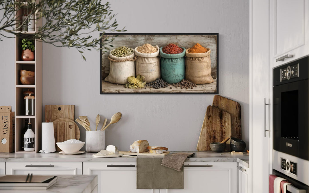 Farmhouse Kitchen Wall Art With Rustic Spices In Sacks