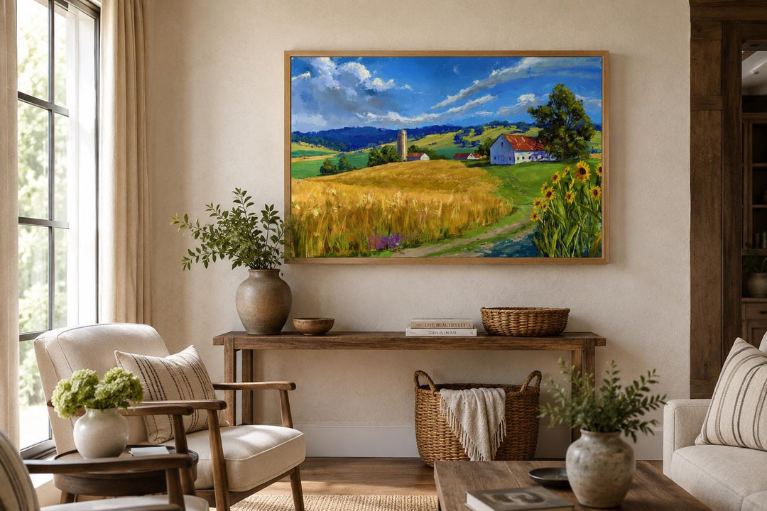Farmhouse Landscape Wall Art - Impressionist Wheat Field with Sunflowers Canvas Print