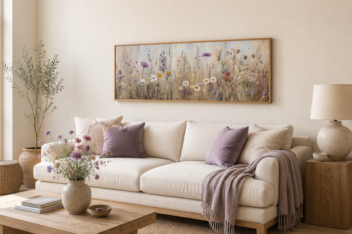Horizontal framed canvas wall art of a neutral wildflower field above a cream sofa with pillows.