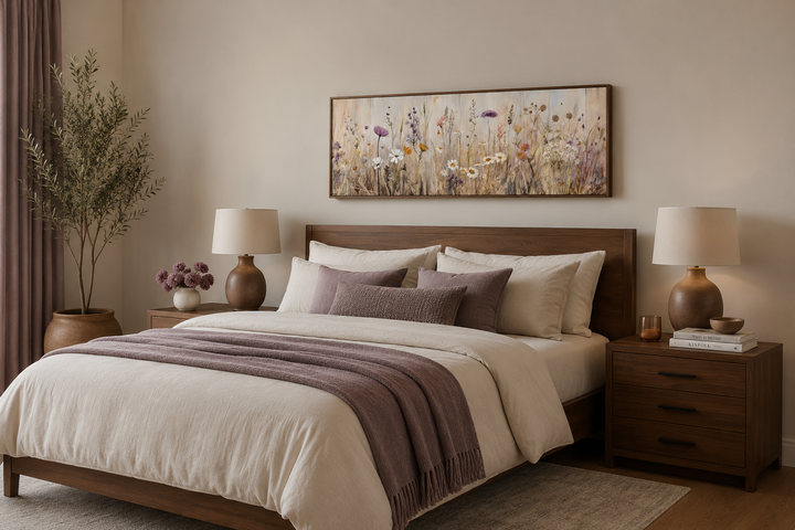 Horizontal framed canvas wall art featuring a neutral wildflower field above a wooden bed frame.