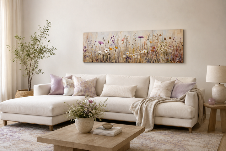Farmhouse style horizontal framed canvas wall art featuring a neutral wildflower field.