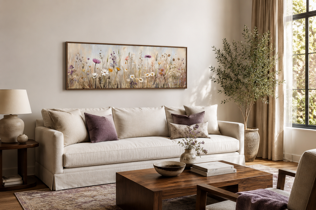 Horizontal framed canvas wall art of a neutral wildflower field above a beige sofa in a living room.