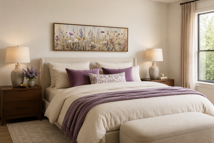 Farmhouse style horizontal framed canvas wall art featuring a neutral wildflower field above a bed.