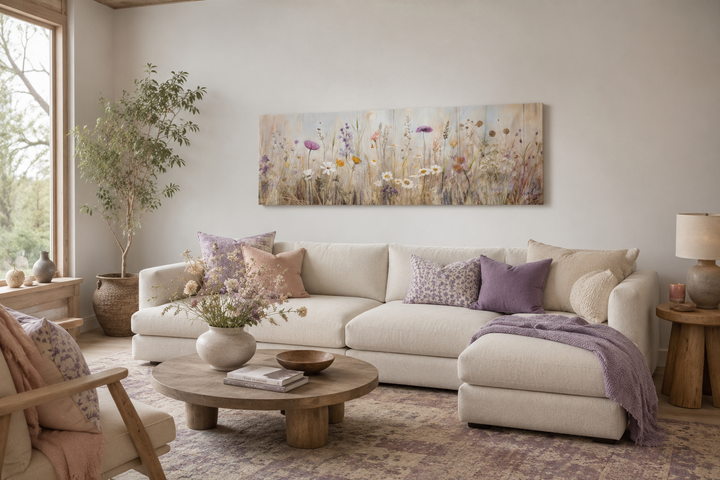 Horizontal framed canvas wall art of a neutral wildflower field above a cream sectional sofa.