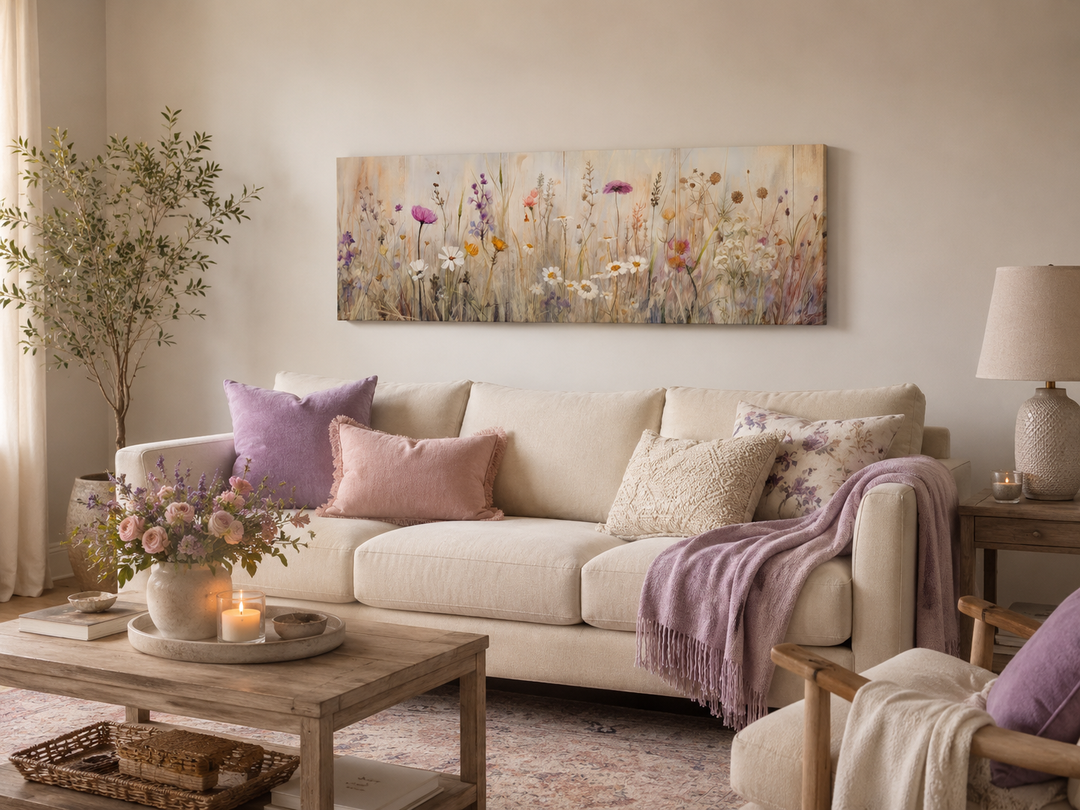 Horizontal framed canvas wall art featuring a field of wildflowers in a farmhouse living room.