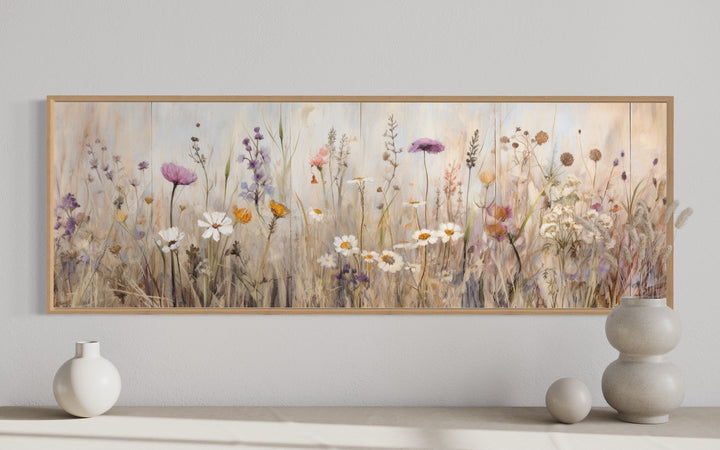 Horizontal framed canvas wall art of a neutral wildflower field in a farmhouse style.