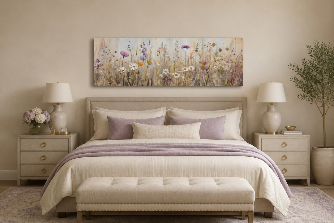 Farmhouse style horizontal framed canvas wall art featuring a neutral wildflower field above a bed.