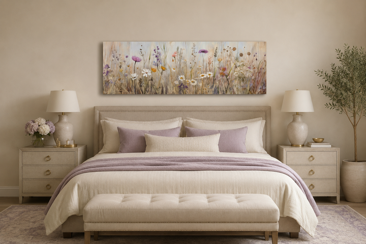 Farmhouse style horizontal framed canvas wall art featuring a neutral wildflower field above a bed.