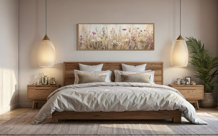Horizontal framed canvas wall art of a neutral wildflower field above a wooden bed frame.