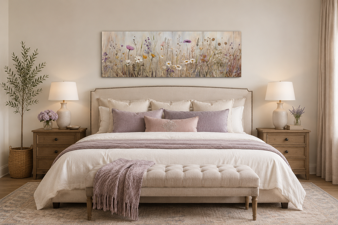 Farmhouse style horizontal framed canvas wall art featuring a neutral wildflower field above a bed.