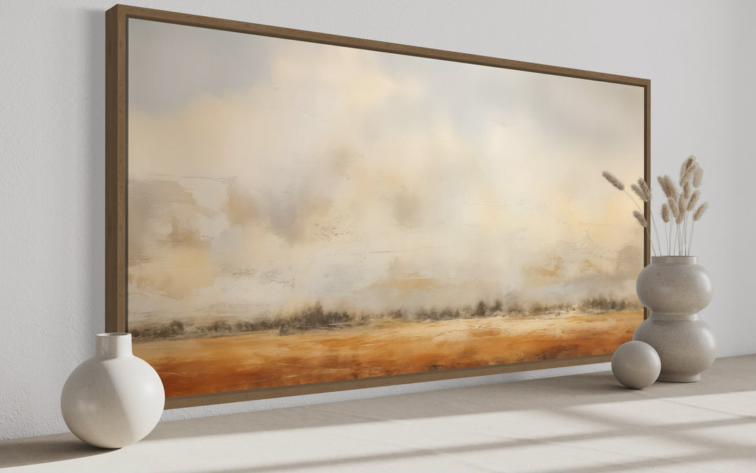 Minimalist farmhouse canvas art of a neutral rustic farm field painting.