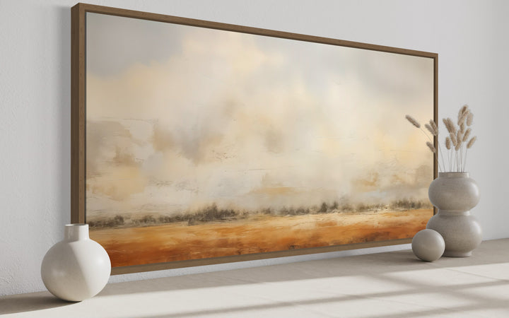 Minimalist farmhouse canvas art of a neutral rustic farm field painting.