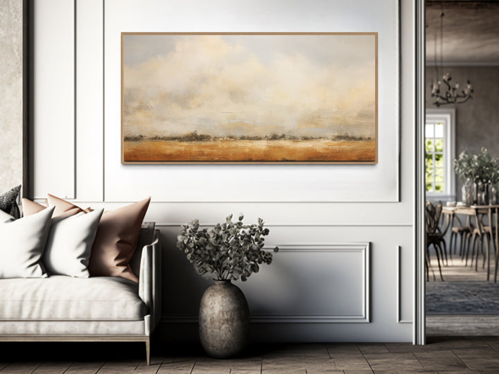 Minimalist farmhouse canvas art of a neutral rustic farm field painting.