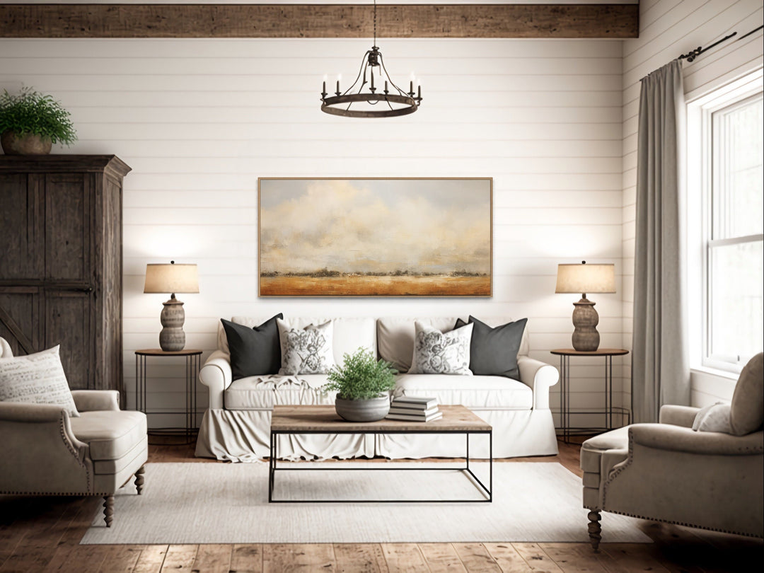 Farmhouse wall art featuring a minimalist neutral rustic farm field painting on canvas.