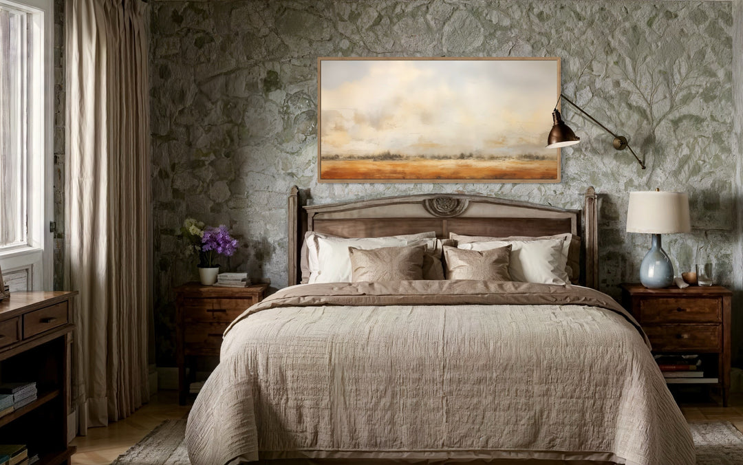 Farmhouse wall art featuring a minimalist rustic farm field painting.