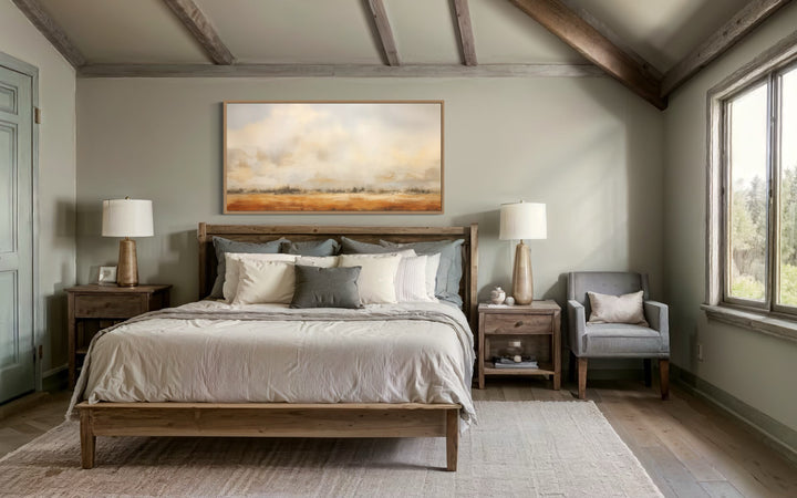 Minimalist farmhouse wall art featuring a neutral rustic farm field painting.