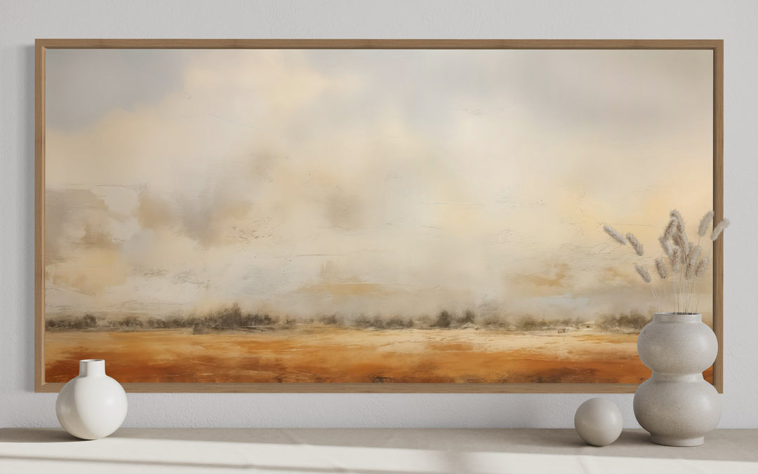 Minimalist farmhouse wall art featuring a neutral rustic farm field painting.