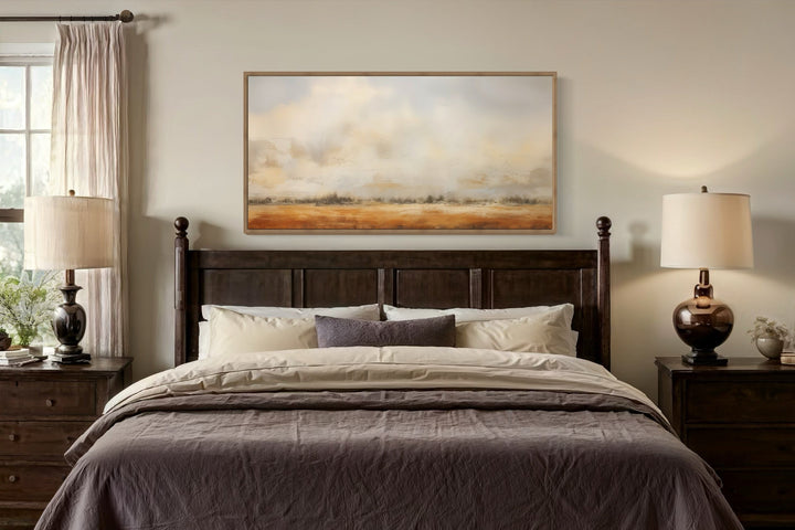 Minimalist farmhouse wall art featuring a neutral rustic farm field painting.