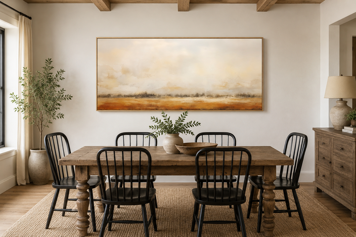 Minimalist farmhouse canvas art featuring a neutral rustic farm field painting above a dining table.