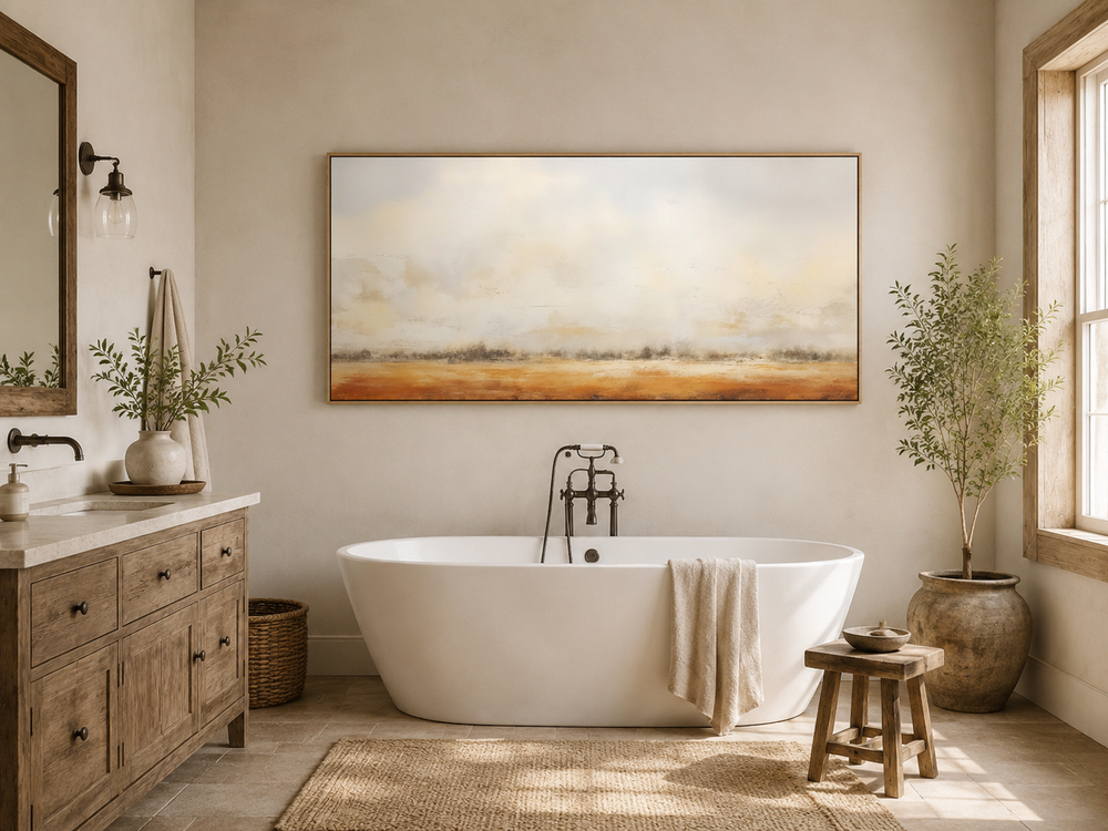 Minimalist farmhouse wall art featuring a neutral rustic farm field painting above a white bathtub.