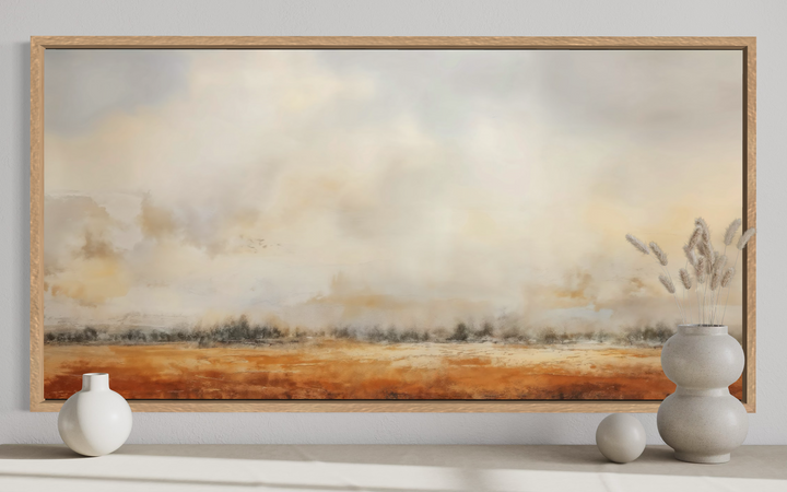 Minimalist farm field canvas art in a wood frame, featuring neutral tones and rustic landscape.
